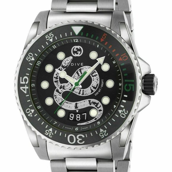Gucci Dive, Swiss Made, NEW, XL 45mm Black Snake Dial Men's Watch YA136218 - Picture 1 of 8